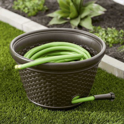Suncast Resin Wicker Garden Water Hose Caddy Storage Holder Pot Java Outdoor Decorative Hose Organi 1