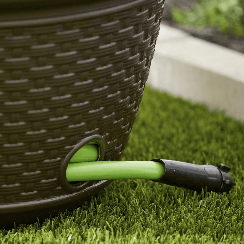 Suncast Resin Wicker Garden Water Hose Caddy Storage Holder Pot Java Outdoor Decorative Hose Organi 4