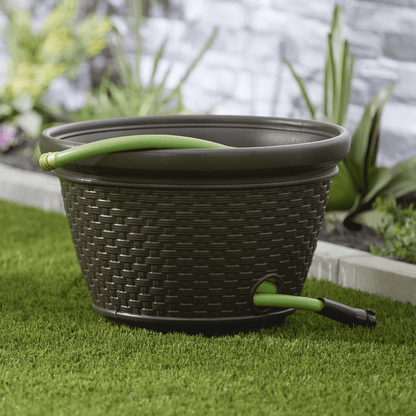 Suncast Resin Wicker Garden Water Hose Caddy Storage Holder Pot Java Outdoor Decorative Hose Organi 5