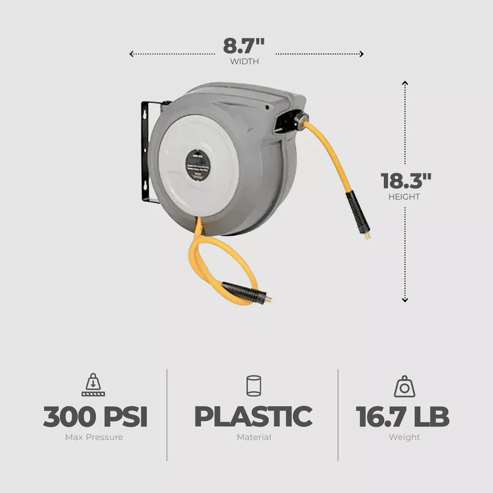 Master Mechanic Air Hose Reel With Hybrid Polymer Hose Auto Rewind Wall Mount 3