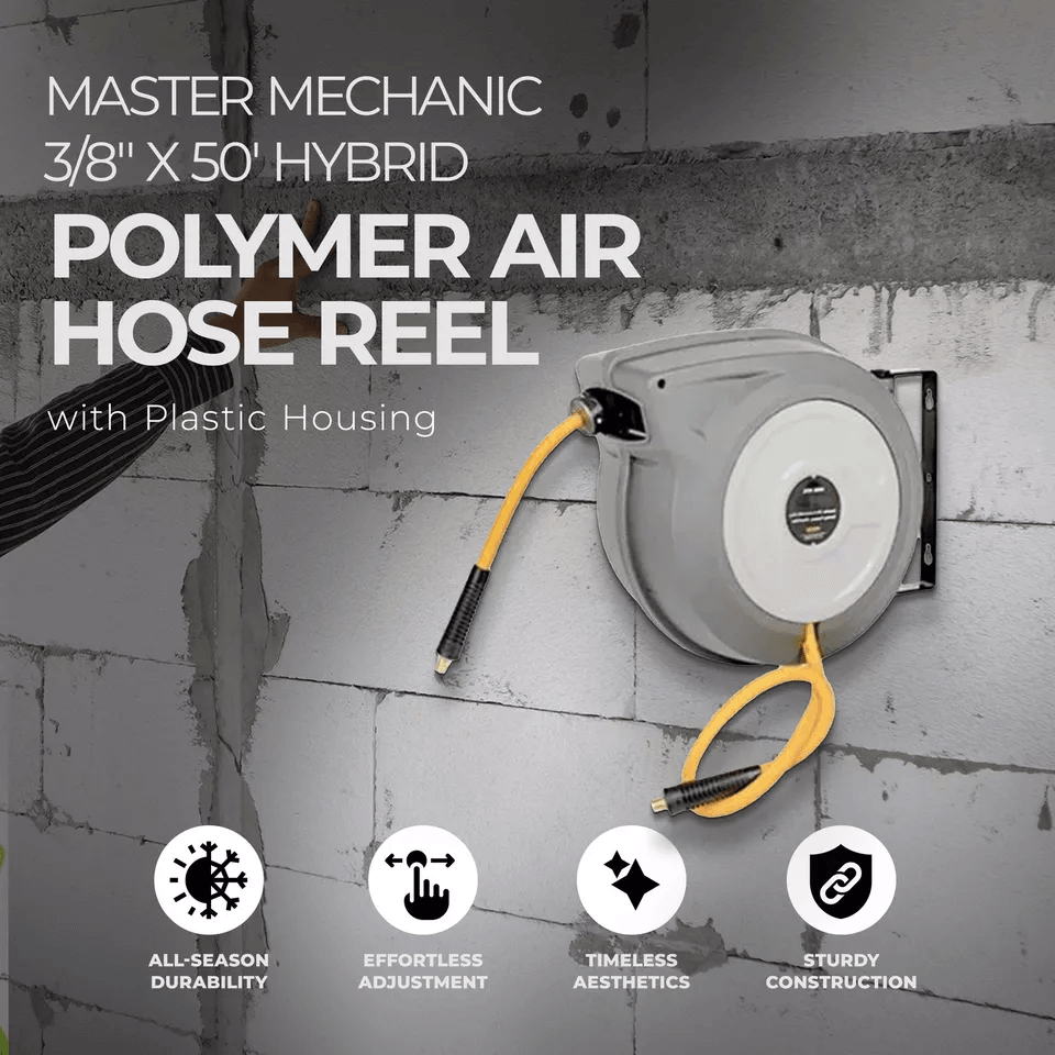 Master Mechanic Air Hose Reel With Hybrid Polymer Hose Auto Rewind Wall Mount 2