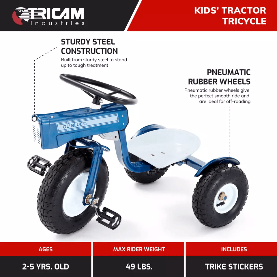Tricam Blue Tractor Tricycle Steel Toddler Bike Kids RideOn Pedal Toy With Adjustable Seat Pneumati 5