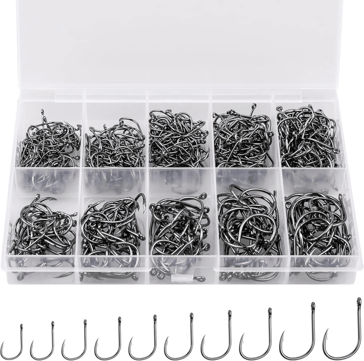 Fishing Hooks Kit, 10 Assorted Sizes, Black & Silver Sharpened Hooks with Durable Storage Box