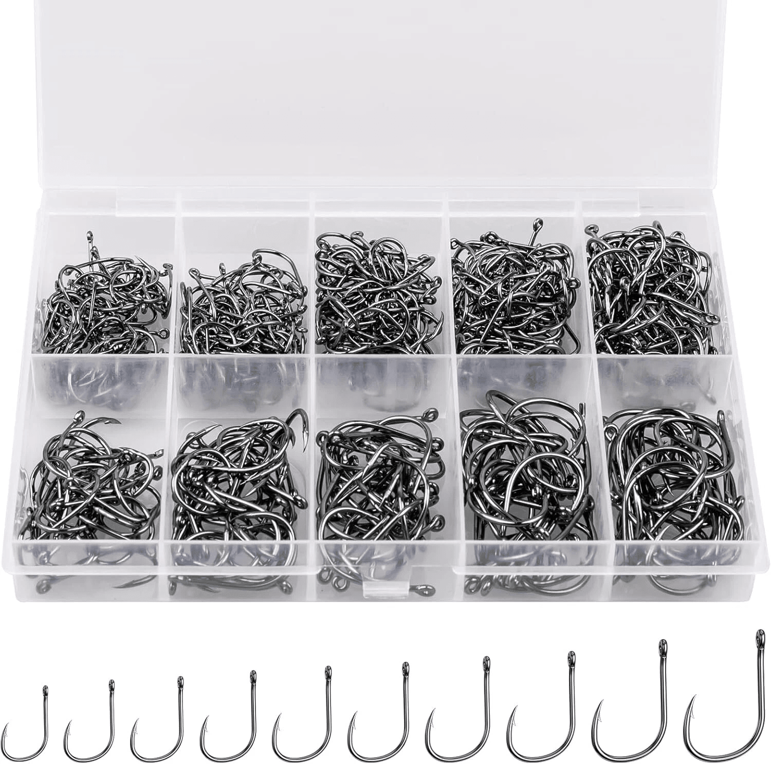 Fishing Hooks Kit, 10 Assorted Sizes, Black & Silver Sharpened Hooks with Durable Storage Box