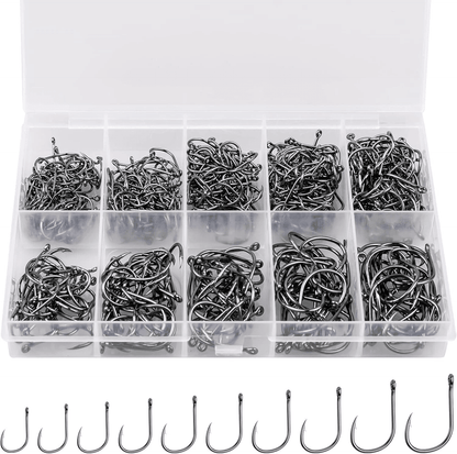 Fishing Hooks Kit, 10 Assorted Sizes, Black & Silver Sharpened Hooks with Durable Storage Box