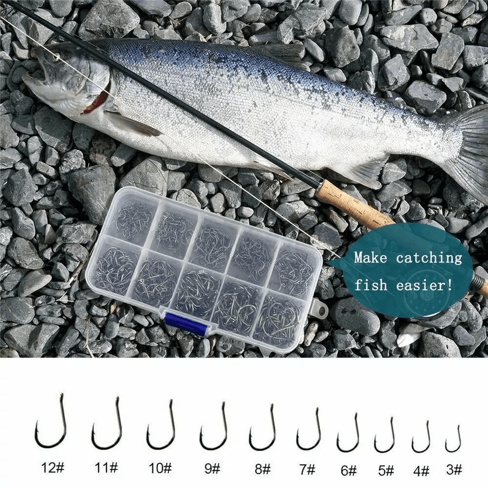 Fishing Hooks Kit 10 Assorted Sizes Black  Silver Sharpened Hooks With Durable Storage Box 1