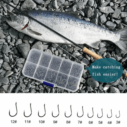Fishing Hooks Kit 10 Assorted Sizes Black  Silver Sharpened Hooks With Durable Storage Box 1