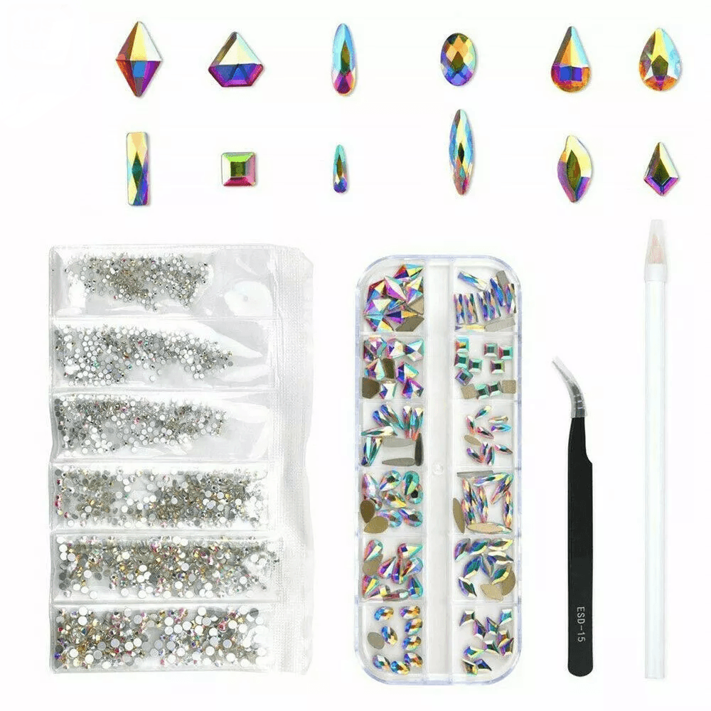 12-Style Mix Gems Rhinestones for Nail Art & Crafts with Picking Up Pen & Stainless Steel Tweezer – AB Crystals Set