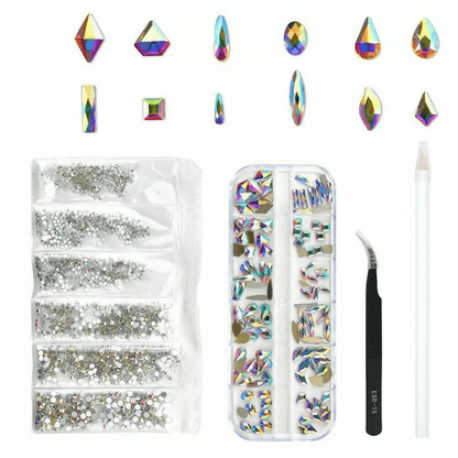 12-Style Mix Gems Rhinestones for Nail Art & Crafts with Picking Up Pen & Stainless Steel Tweezer – AB Crystals Set