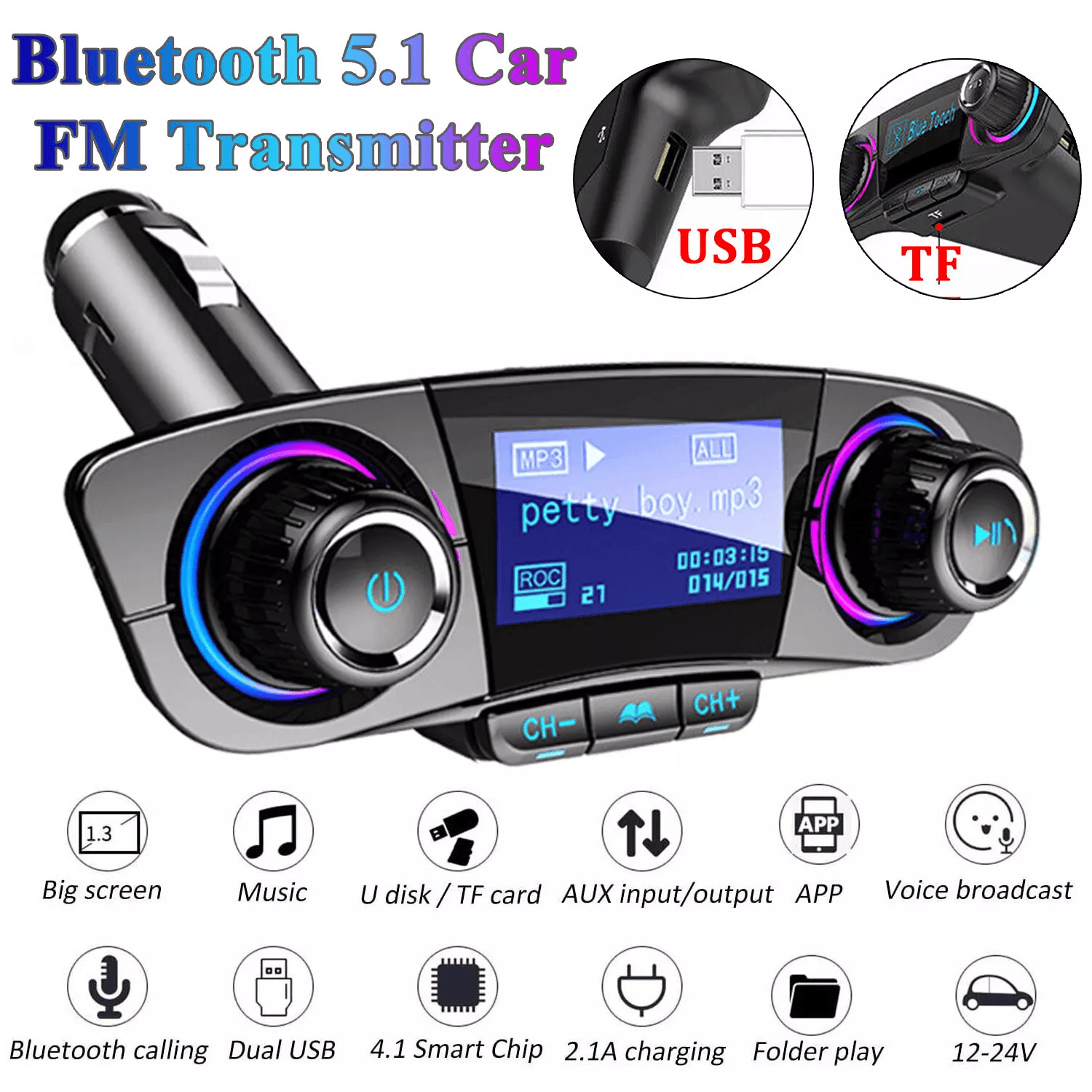 Wireless Bluetooth FM Transmitter for Car, MP3 Player, Hands-Free Radio Adapter, Dual USB Charging Kit