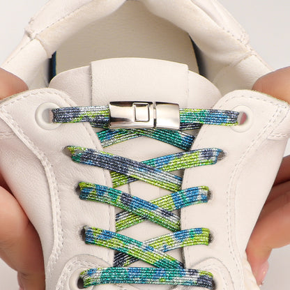 Elastic Laces Sneakers Flats with Cross Buckle, No Tie Shoelaces for Adults Kids, Fashion Glitter Rubber Shoelace Shoe