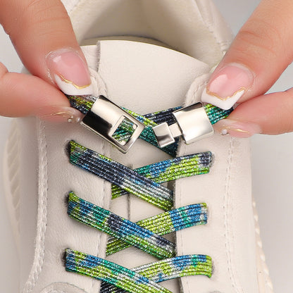 Elastic Laces Sneakers Flats with Cross Buckle, No Tie Shoelaces for Adults Kids, Fashion Glitter Rubber Shoelace Shoe