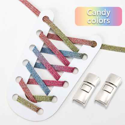 Elastic Laces Sneakers Flats with Cross Buckle, No Tie Shoelaces for Adults Kids, Fashion Glitter Rubber Shoelace Shoe