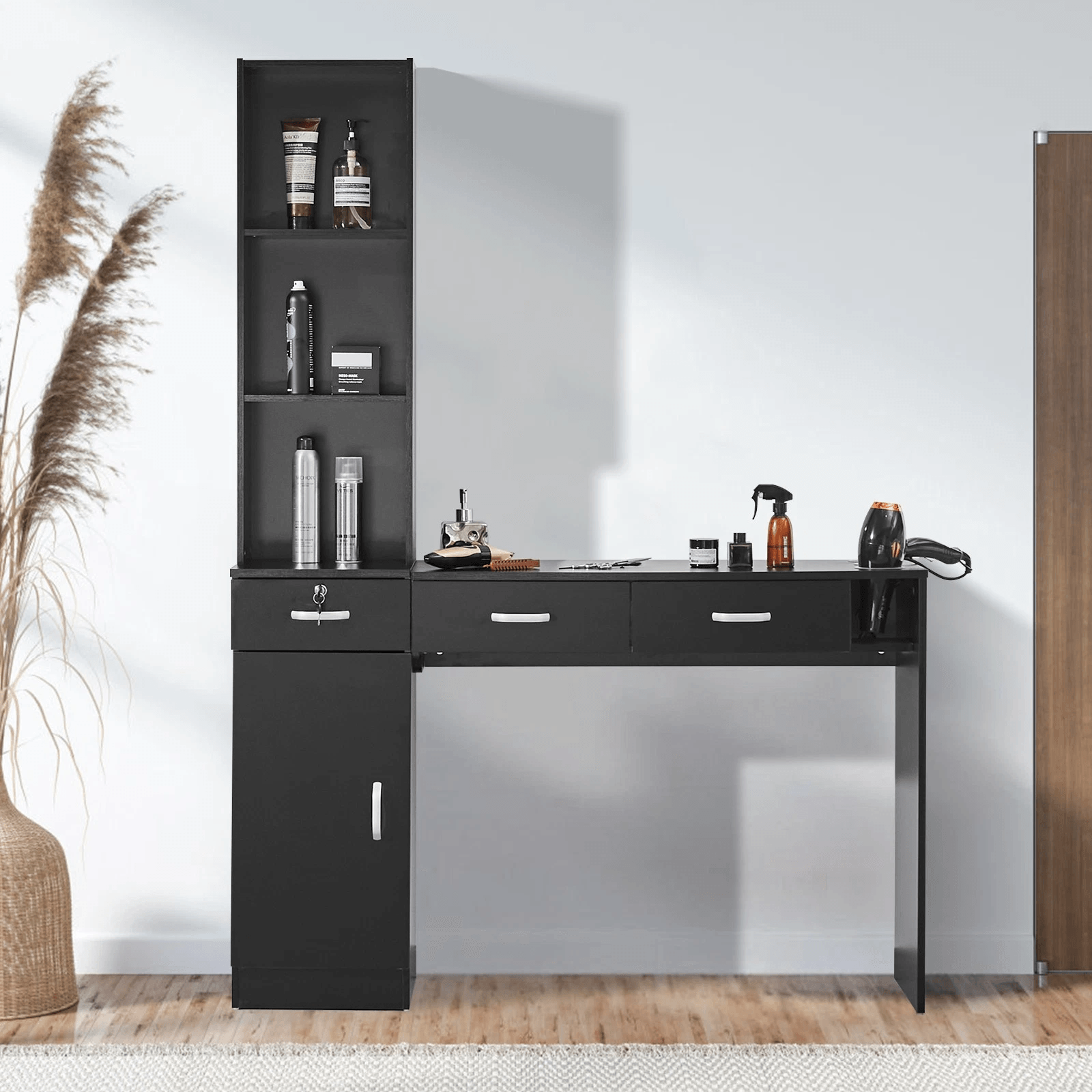 Salon Station Wall Mount Barber Cabinet, Hair Stylist Beauty Spa Storage with Drawers