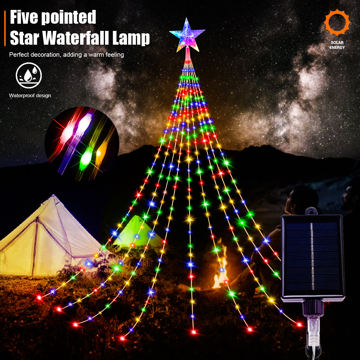 Waterproof Solar Star Fairy Lights 200 LED 98ft Waterfall Tree Lights with 8 Modes 9 Strands