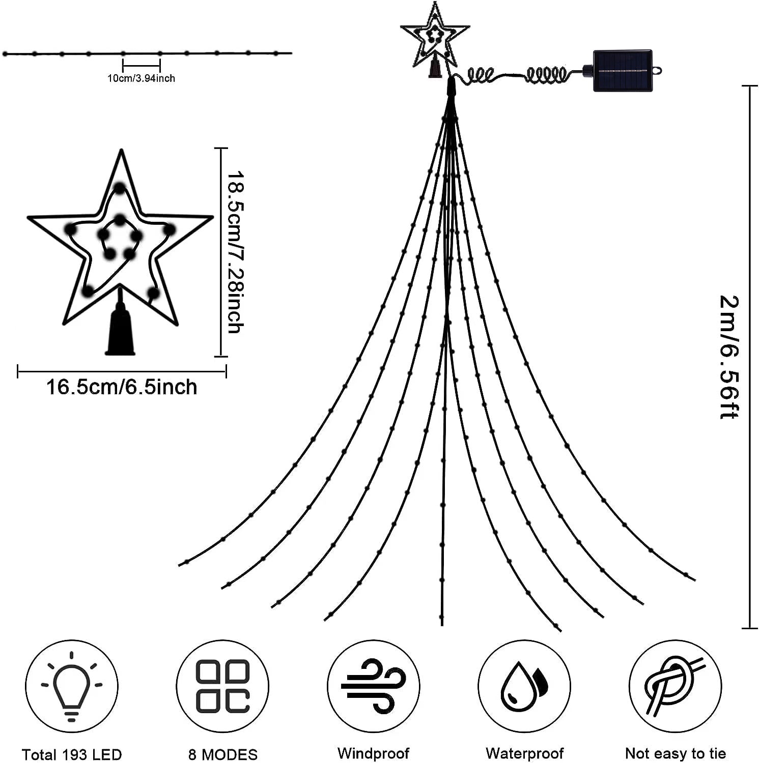 Waterproof Solar Star Fairy Lights 200 LED 98ft Waterfall Tree Lights with 8 Modes 9 Strands