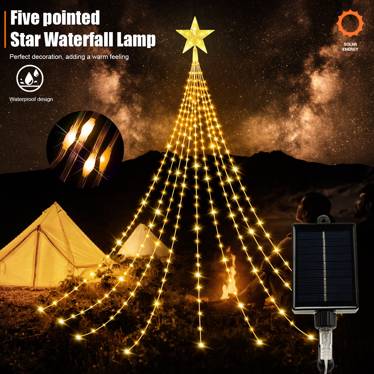Waterproof Solar Star Fairy Lights 200 LED 98ft Waterfall Tree Lights with 8 Modes 9 Strands