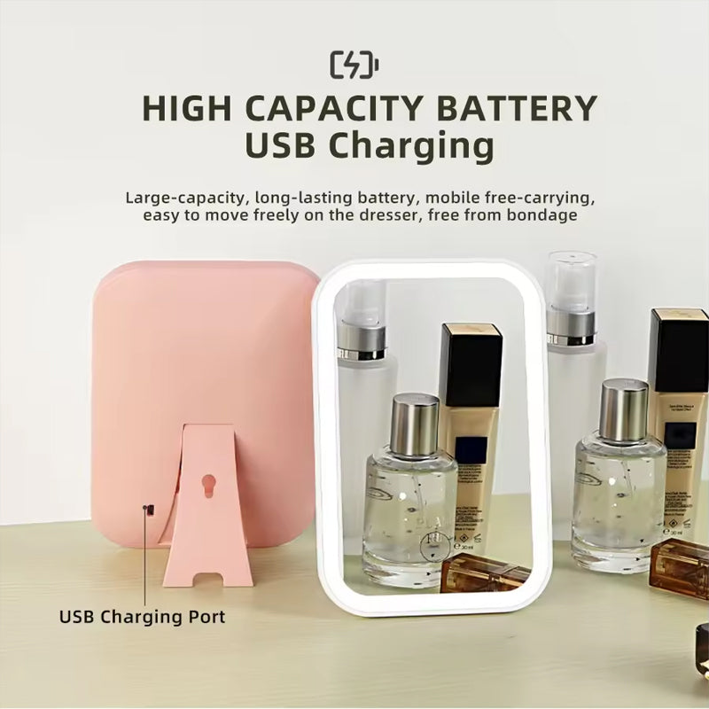 LED Touch Screen Folding Makeup Mirror USB Rechargeable 3 Light Modes Portable Cosmetic Tool