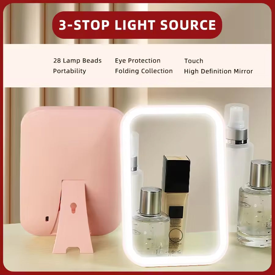 LED Touch Screen Folding Makeup Mirror USB Rechargeable 3 Light Modes Portable Cosmetic Tool