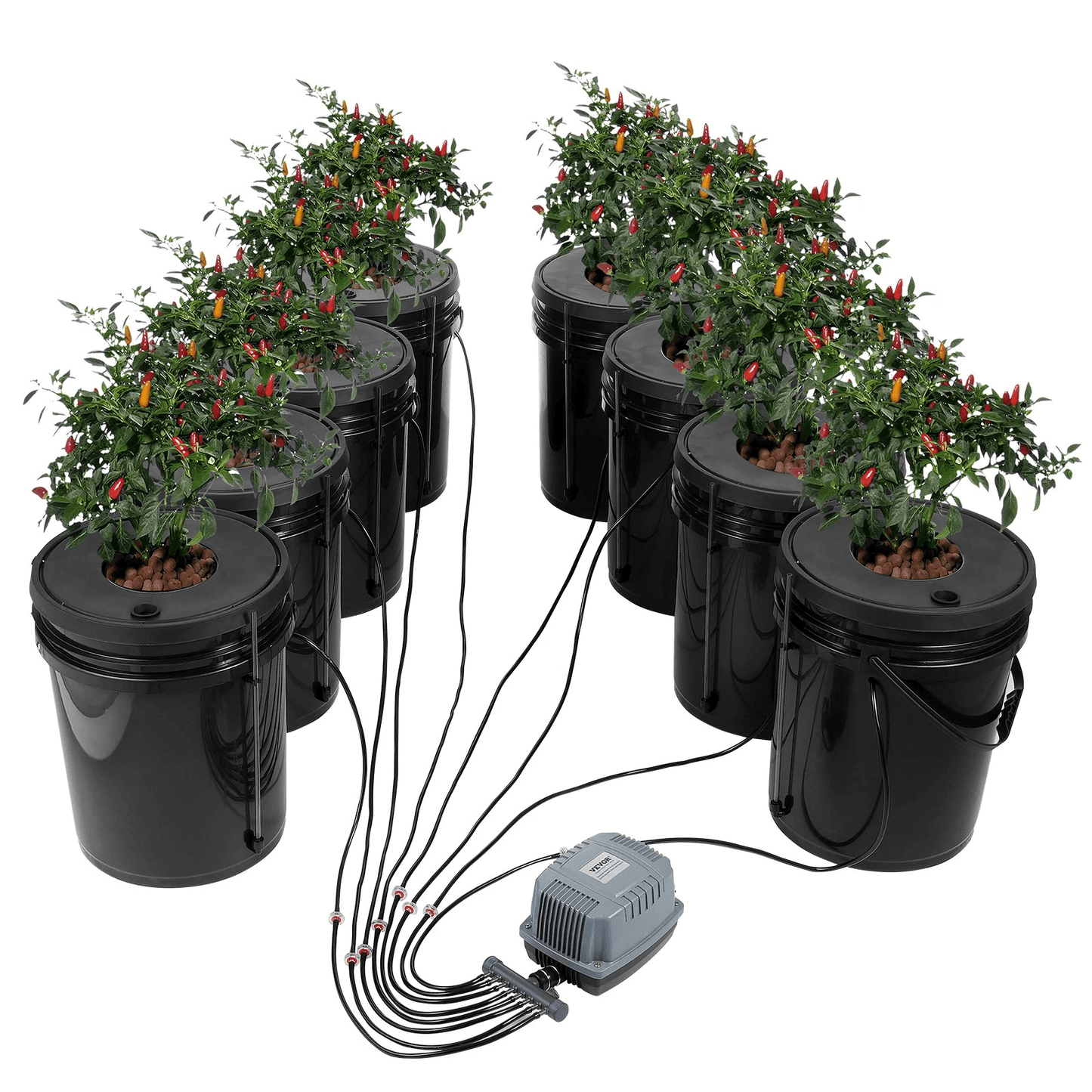 Hydroponics Deep Water Culture DWC System – 8 Bucket 5 Gallon Kit with Air Pump & Stones