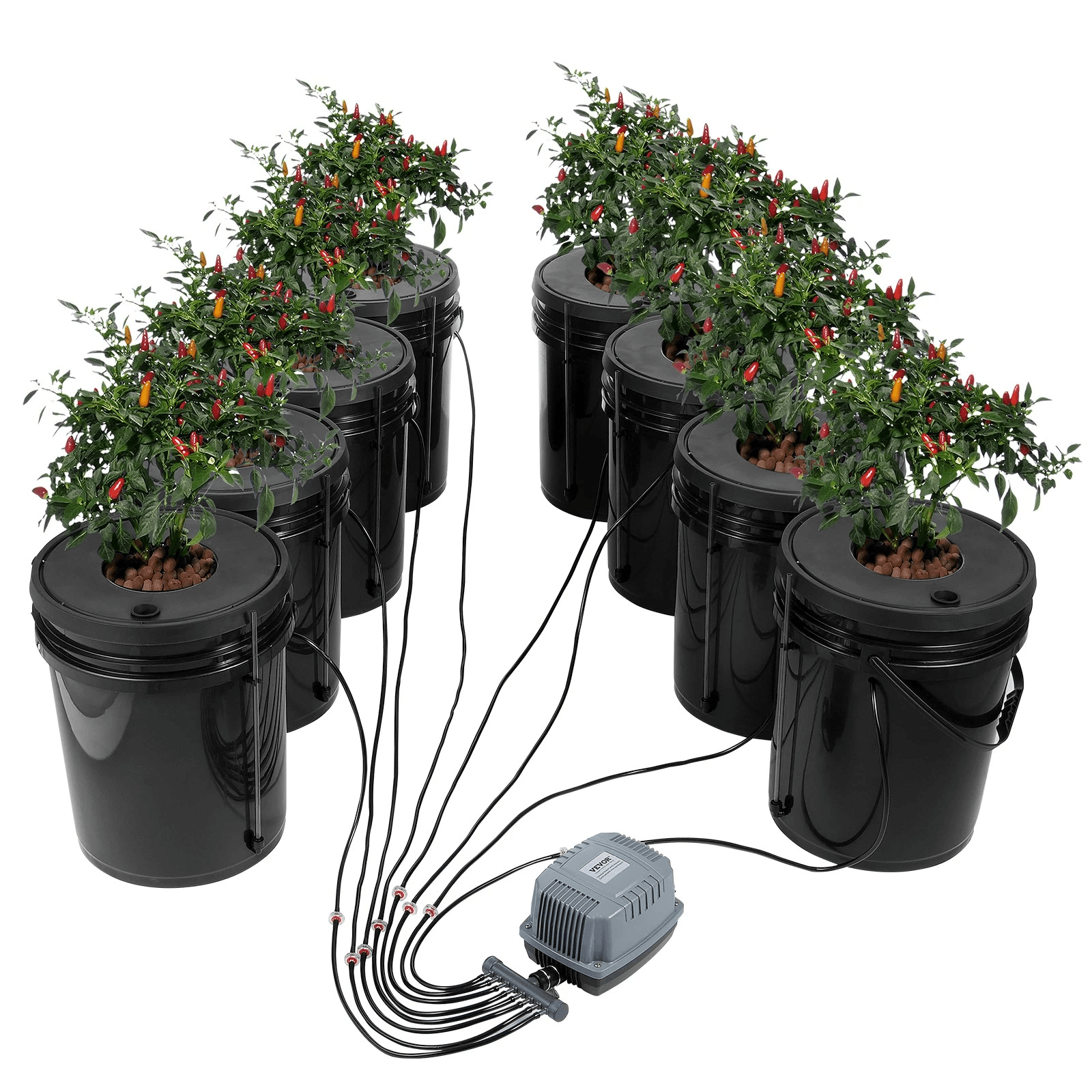 Hydroponics Deep Water Culture DWC System – 8 Bucket 5 Gallon Kit with Air Pump & Stones