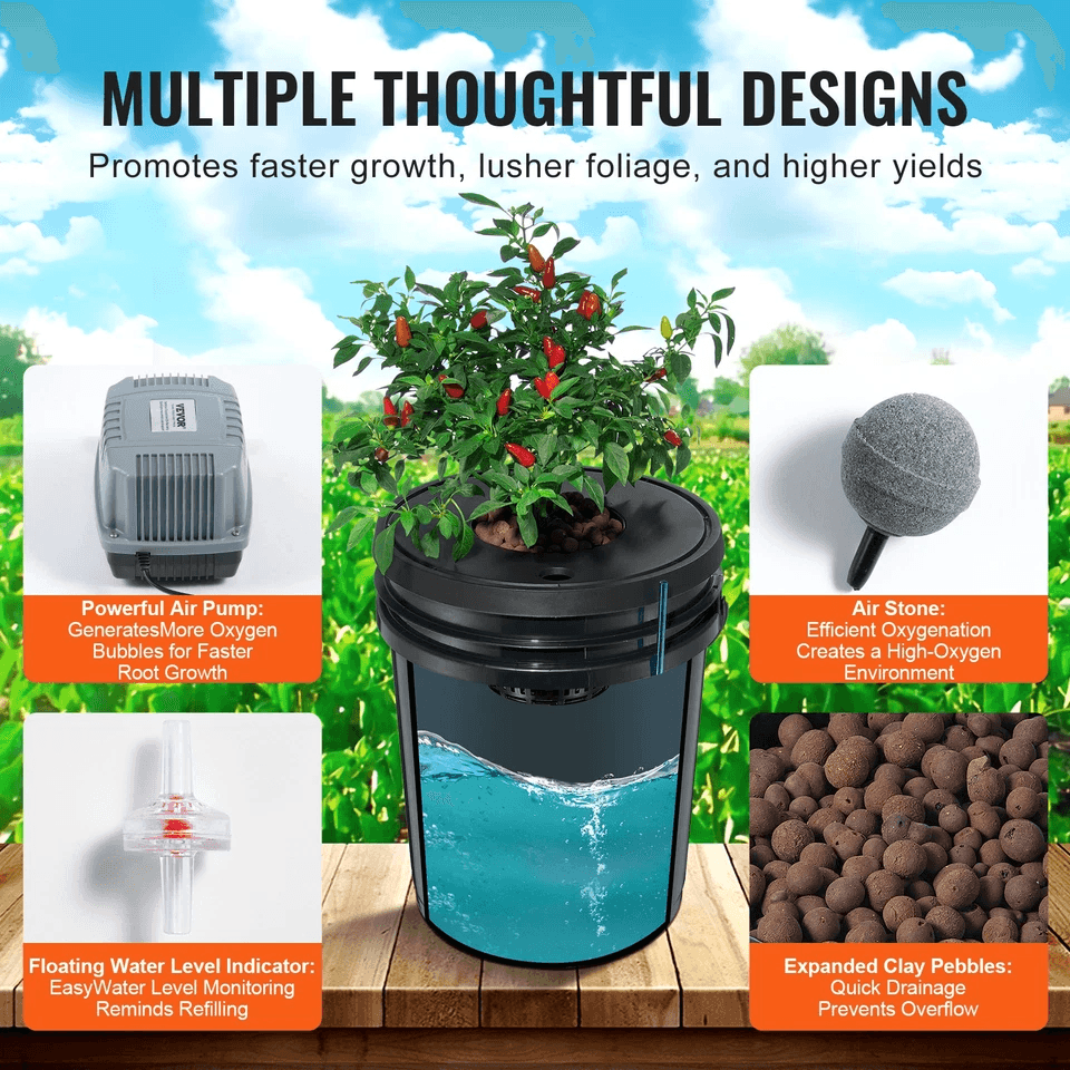 Hydroponics Deep Water Culture DWC System  8 Bucket 5 Gallon Kit With Air Pump  Stones 8