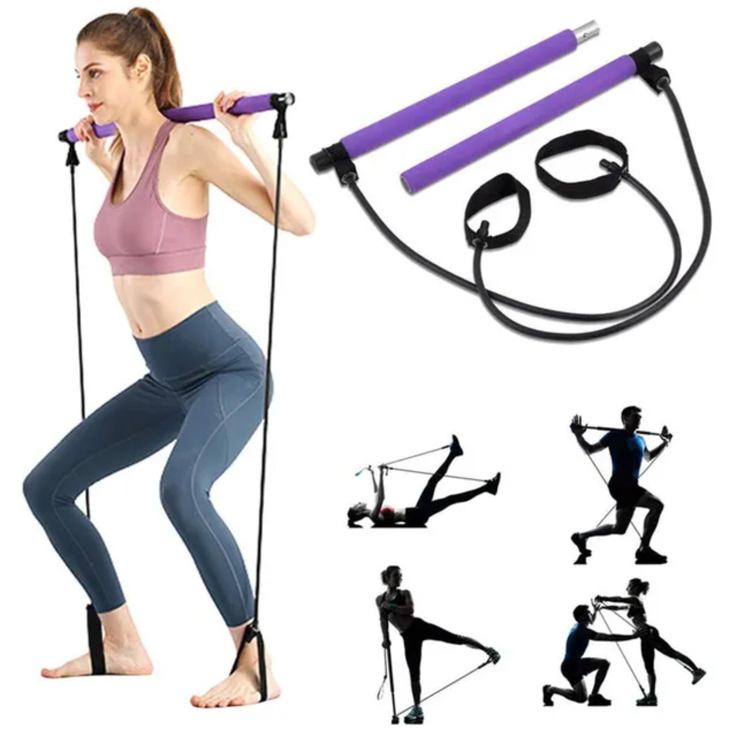 Yoga Resistance Bands with Pilates Stick Full Body Fitness Equipment for Home Training  CrossFit