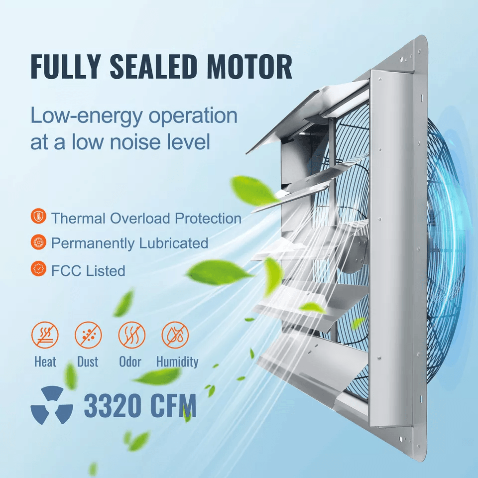 24 Shutter Exhaust Fan 3320 CFM Wall Mounted Aluminum Ventilation Fan For Shop Garage Attic Greenho 2