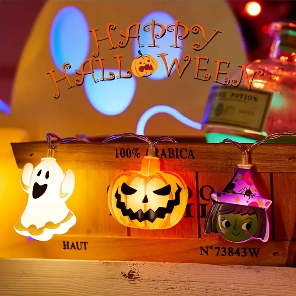 Halloween LED Battery Powered String Lights Ghost Witch Cat Pumpkin Spider Web Skeleton Mummy