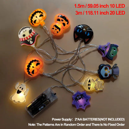 Halloween LED Battery Powered String Lights Ghost Witch Cat Pumpkin Spider Web Skeleton Mummy