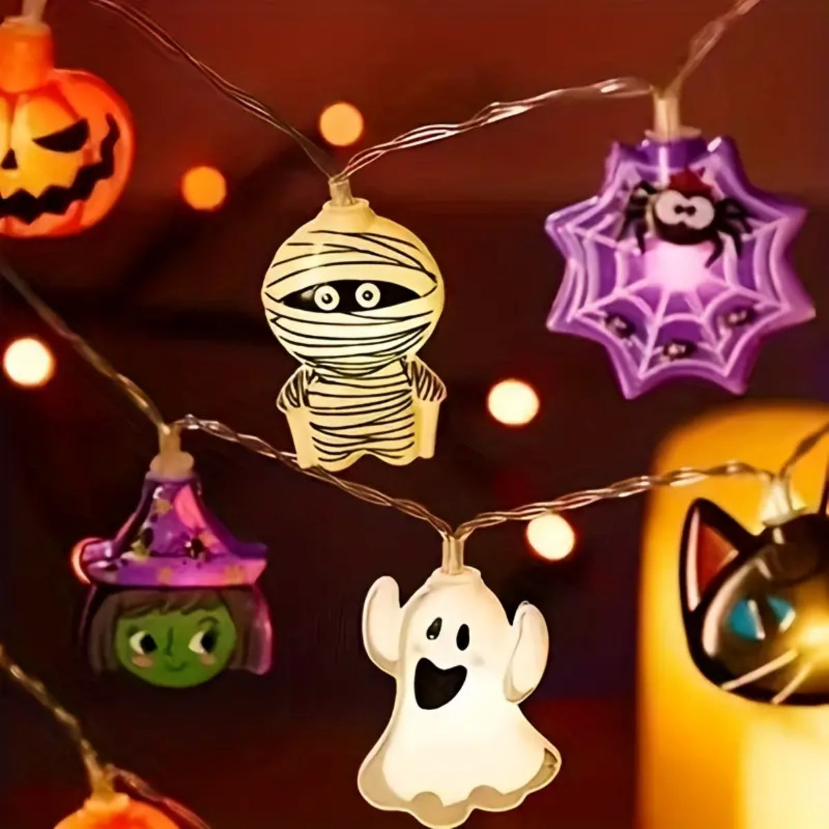Halloween LED Battery Powered String Lights Ghost Witch Cat Pumpkin Spider Web Skeleton Mummy