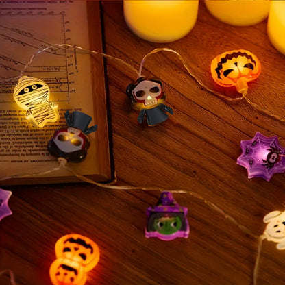 Halloween LED Battery Powered String Lights Ghost Witch Cat Pumpkin Spider Web Skeleton Mummy