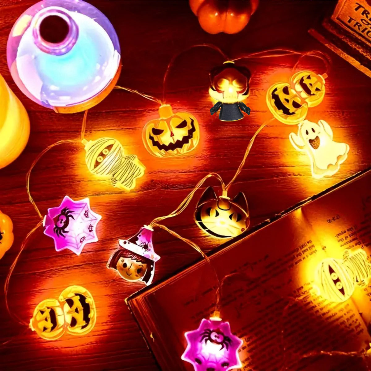Halloween LED Battery Powered String Lights Ghost Witch Cat Pumpkin Spider Web Skeleton Mummy