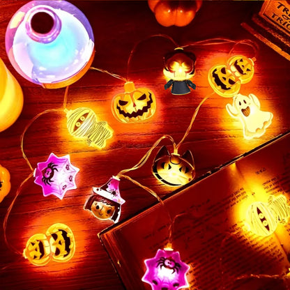 Halloween LED Battery Powered String Lights Ghost Witch Cat Pumpkin Spider Web Skeleton Mummy