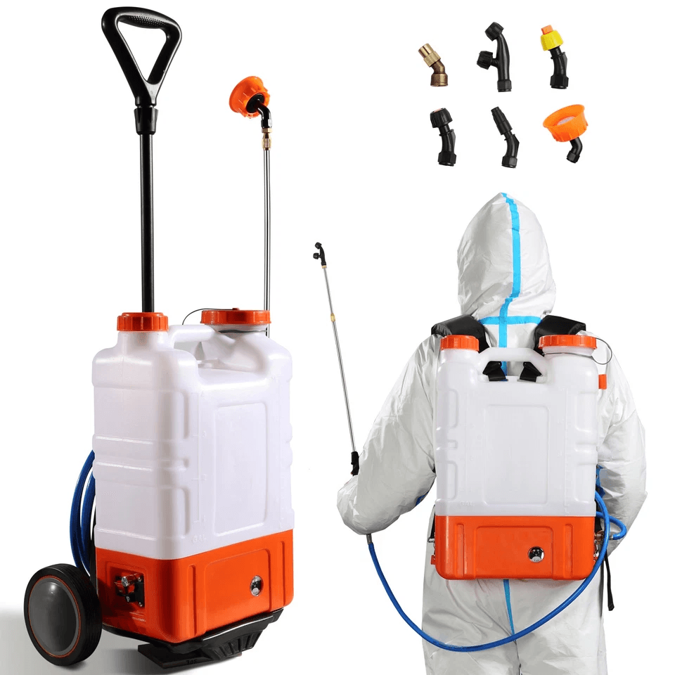 Battery Powered Backpack Sprayer with Wheels, Adjustable Pressure, 12V Battery, Multiple Nozzles