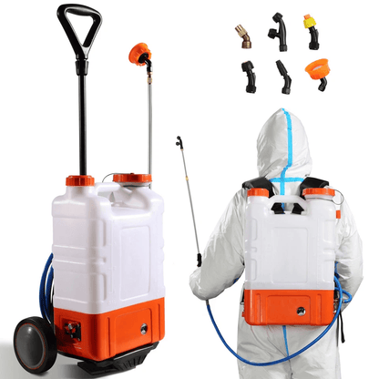 Battery Powered Backpack Sprayer with Wheels, Adjustable Pressure, 12V Battery, Multiple Nozzles