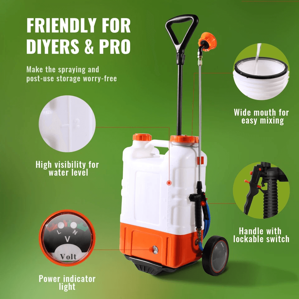 Battery Powered Backpack Sprayer With Wheels Adjustable Pressure 12V Battery Multiple Nozzles 5