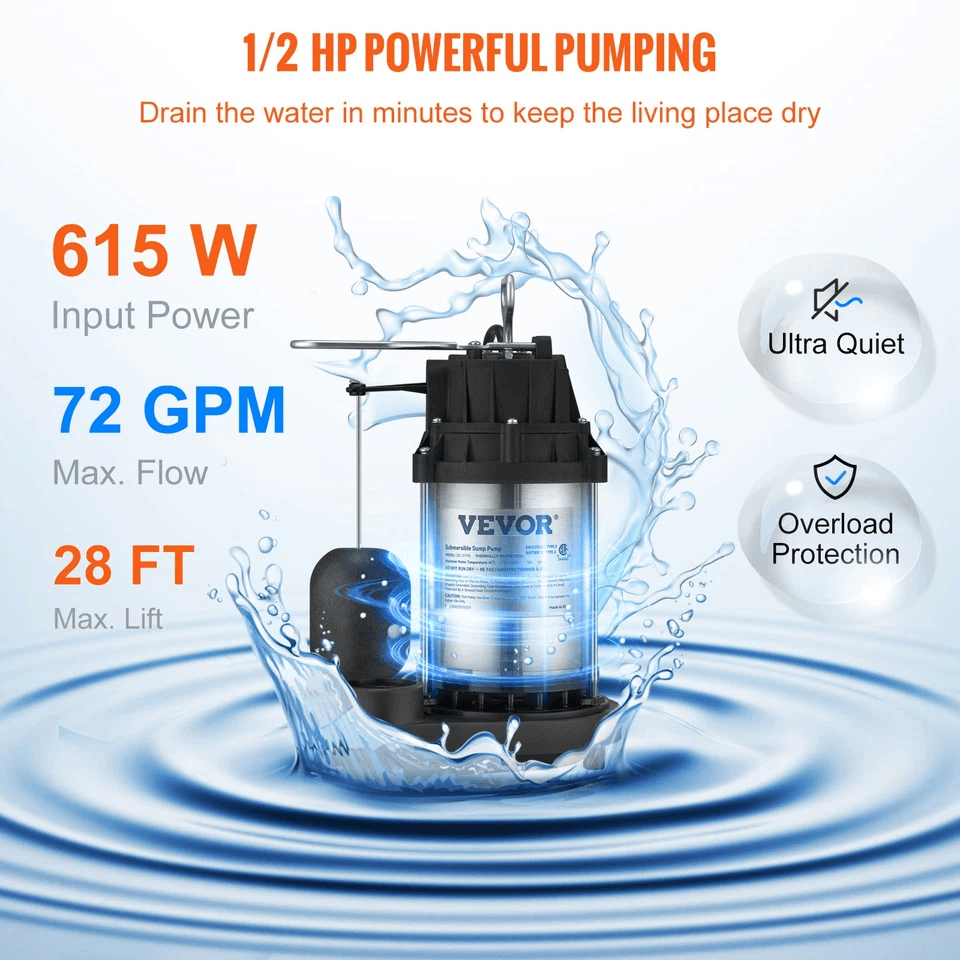 VEVOR 12 HP Submersible Sump Pump  4320 GPH Cast Iron  Steel Water Pump For Basement Flooding 2
