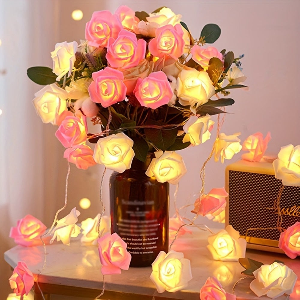LED Rose String Lights 2M 10 Lights Pink  White Floral Night Light for Bedroom  Garden Decor