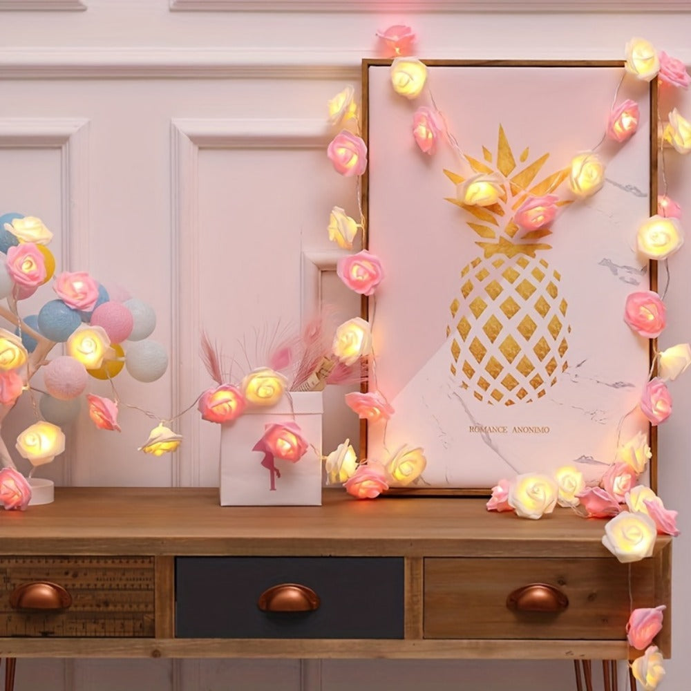 LED Rose String Lights 2M 10 Lights Pink  White Floral Night Light for Bedroom  Garden Decor