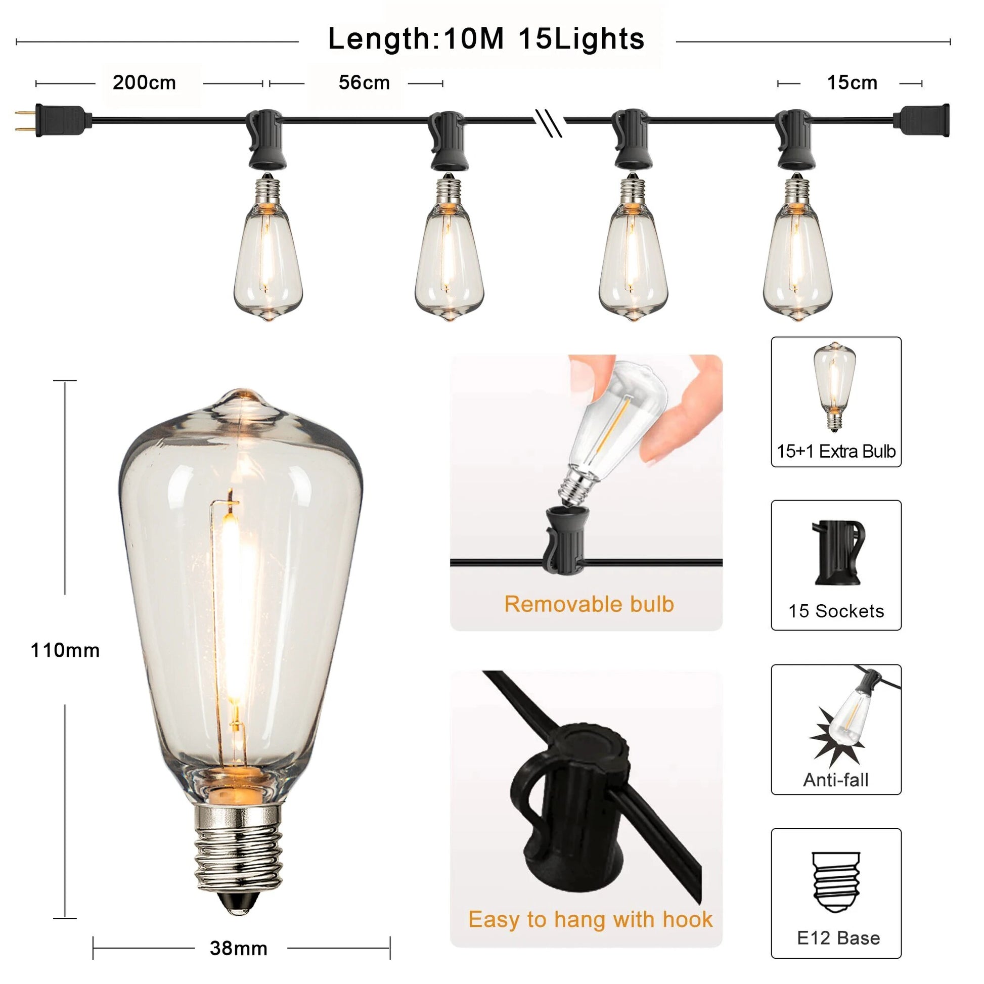 Dimmable ST38 LED String Lights 25ft Waterproof  Shatterproof Outdoor Garland for Patio  Garden