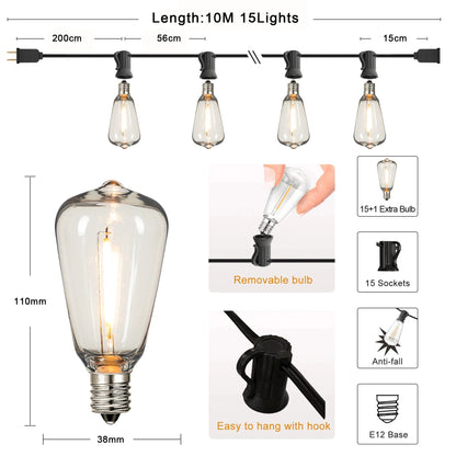Dimmable ST38 LED String Lights 25ft Waterproof  Shatterproof Outdoor Garland for Patio  Garden