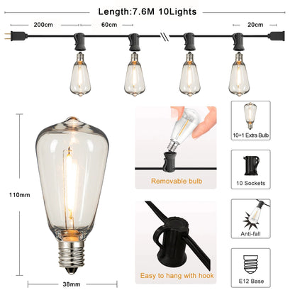 Dimmable ST38 LED String Lights 25ft Waterproof  Shatterproof Outdoor Garland for Patio  Garden