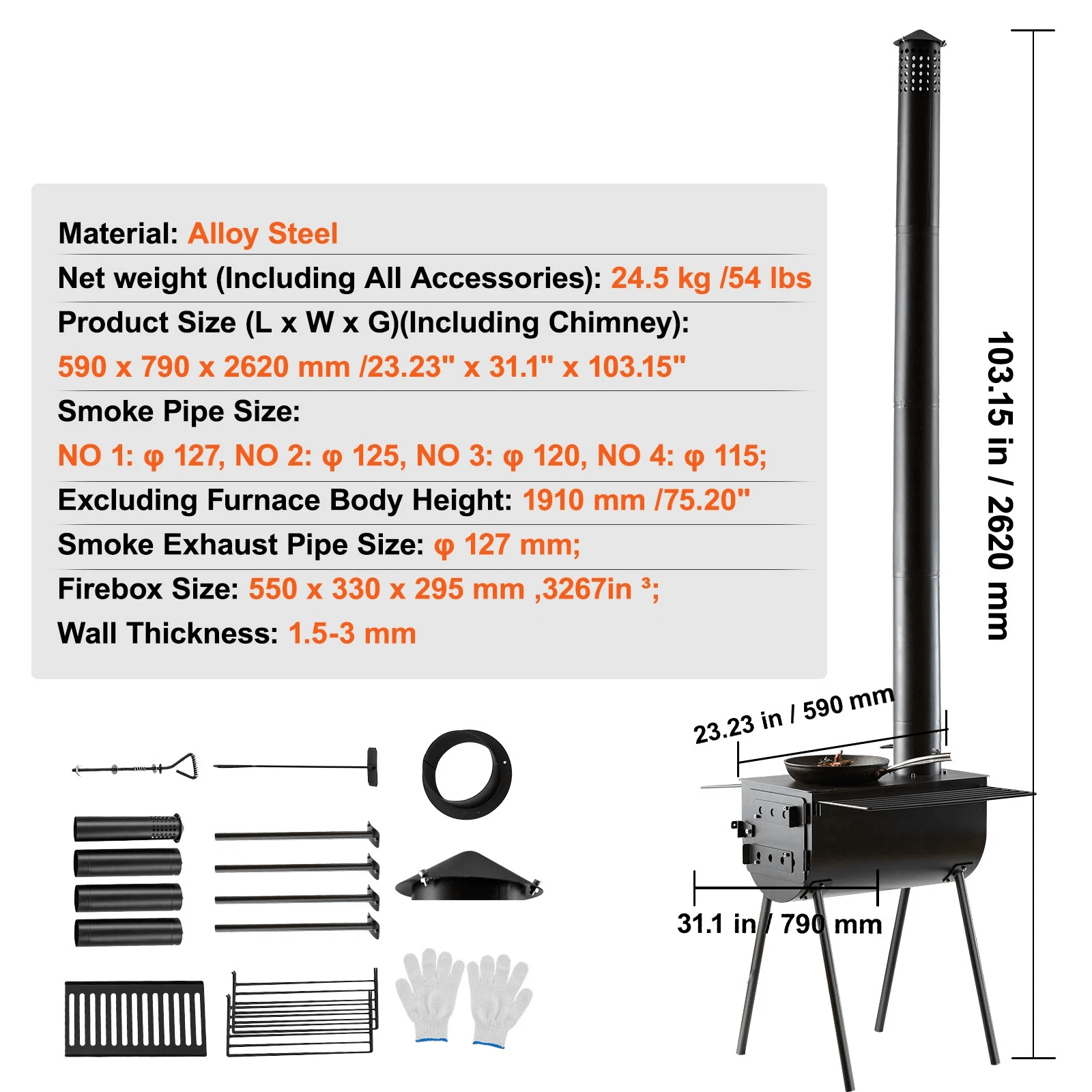 Portable Wood Stove Camping Hot Tent BBQ Stove With Chimney Pipes For Outdoor Cooking  Heating 5