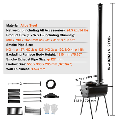 Portable Wood Stove Camping Hot Tent BBQ Stove With Chimney Pipes For Outdoor Cooking  Heating 5