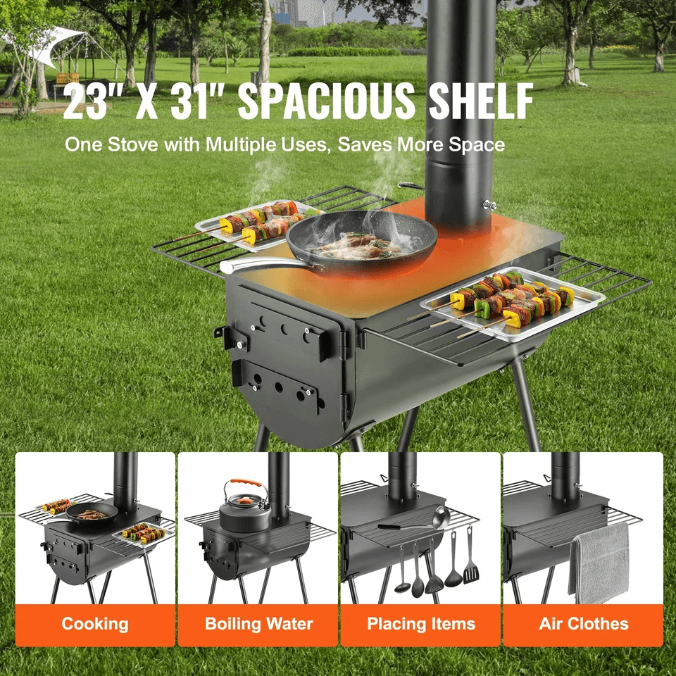 Portable Wood Stove Camping Hot Tent BBQ Stove With Chimney Pipes For Outdoor Cooking  Heating 2