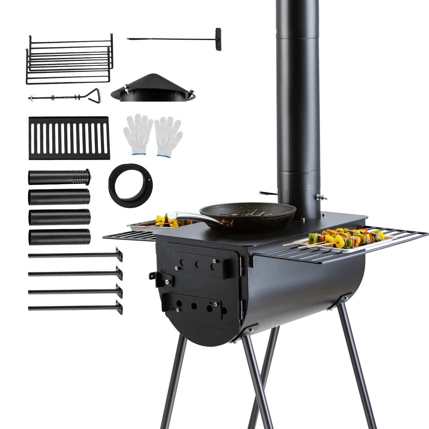 Portable Wood Stove, Camping Hot Tent BBQ Stove with Chimney Pipes for Outdoor Cooking & Heating