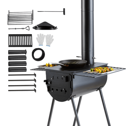 Portable Wood Stove, Camping Hot Tent BBQ Stove with Chimney Pipes for Outdoor Cooking & Heating