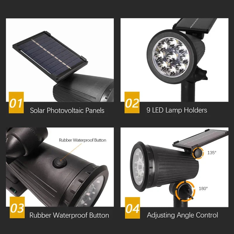 Adjustable LED Solar Spotlight IP65 Waterproof Outdoor Wall  Ground Landscape Lighting