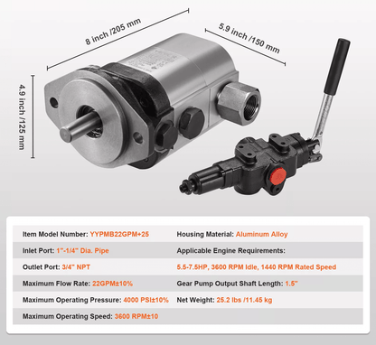 HeavyDuty VEVOR Hydraulic Log Splitter Pump Kit Gear Pump Stage With Valve Quiet Operation PSI For  10